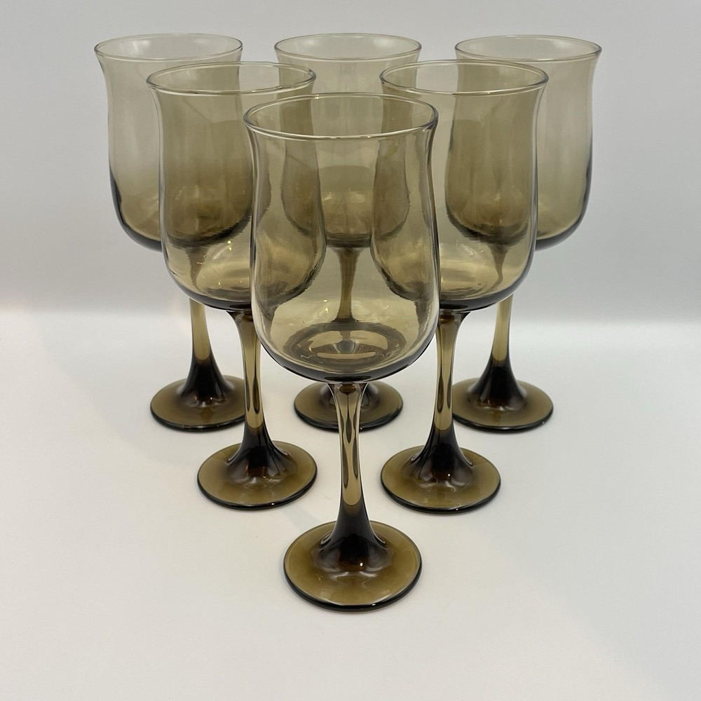 Vintage 1970s Hand Blown Smoky Brown Wine Goblets Set of 6 – Mid Century Glass